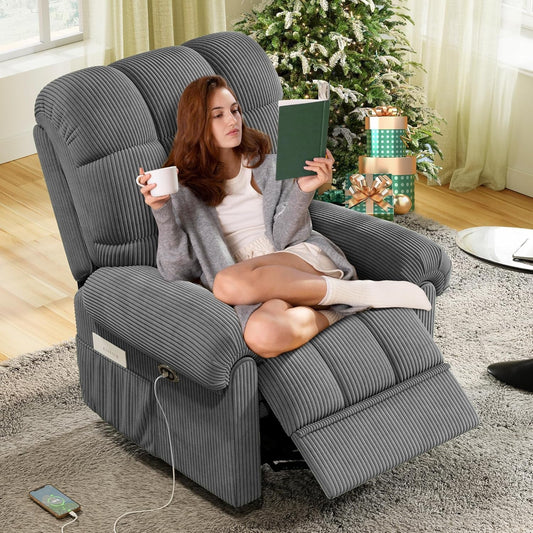 Upgraded Power Recliner Chair for Adults, Adjustable Electric Chair Power Reclining Sofa, USB Port, Ultra-Comfy Corduroy Recliner for Living Room, Tool-Less Assembly Single Sofa Gray-0