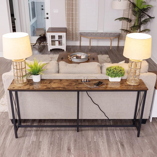 Vintage Brown Console Table with Power Ports-0