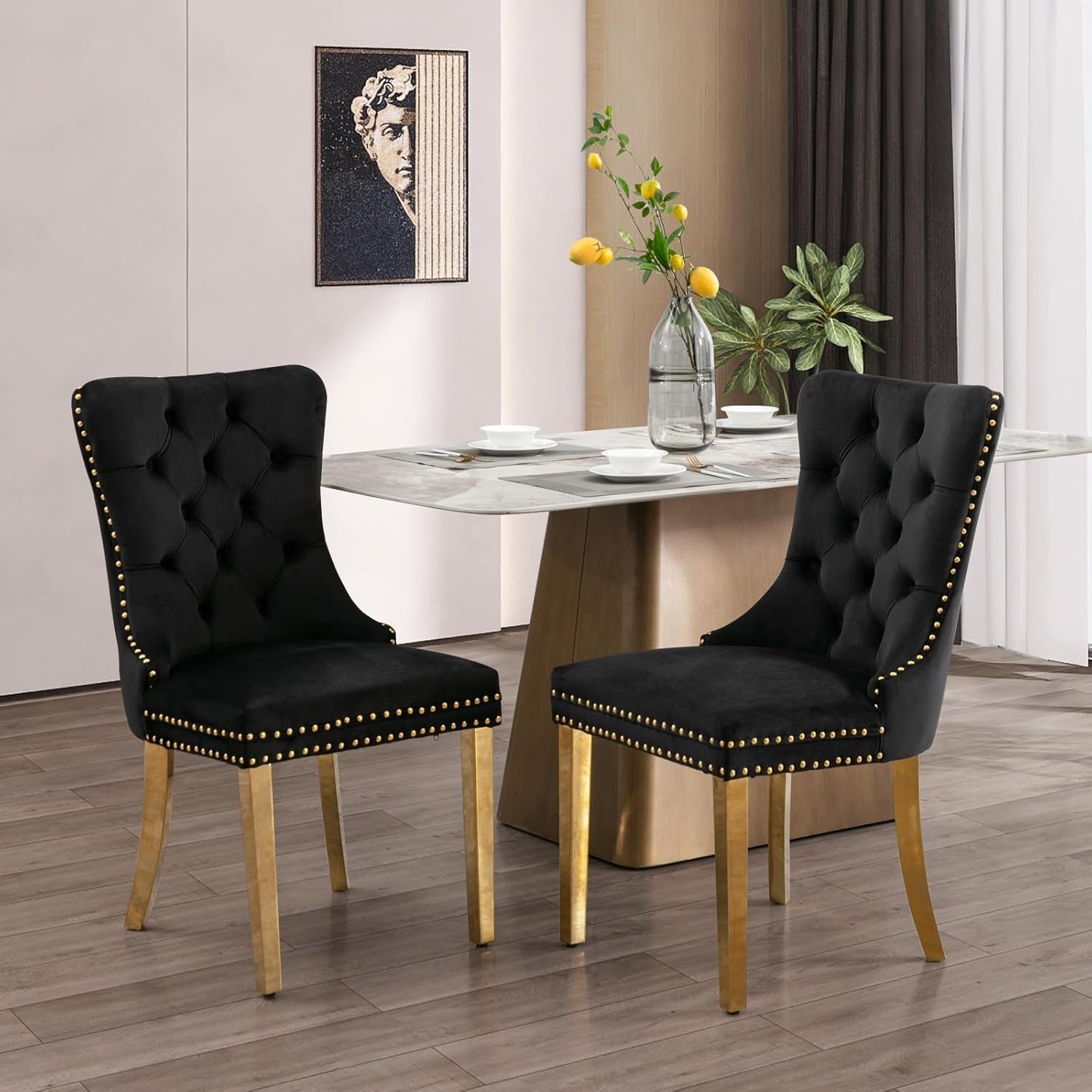 Velvet Dining Chair Set of 2, Upholstered Tufted Dining Room Chair with Nailhead Trim and Stainless Steel Gold Plated Leg for Kitchen, Black-2