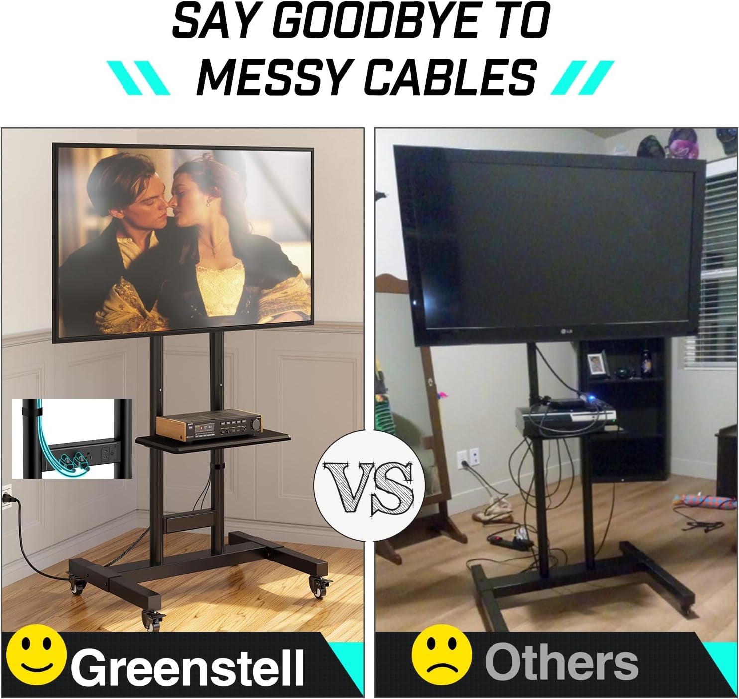 TV Stand with Power Outlet, Mobile TV Cart on Wheels for 32-85 Inch LED LCD Flat Curved Panel Screen Tvs, up to 132Lbs, Height Adjustable Rolling TV Stand with AV Shelf, Max VESA 600X400Mm-2