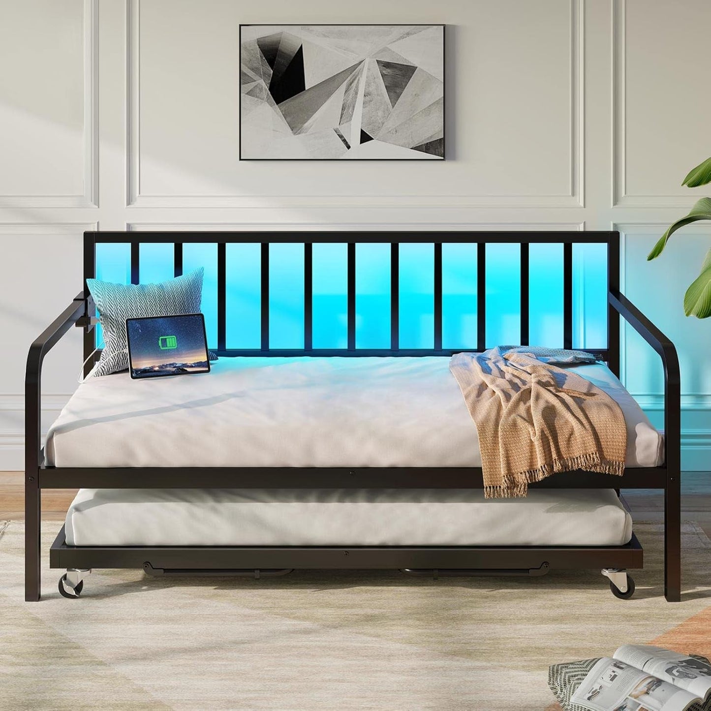 Daybed with Charging Station and LED Lights, Height Adjustable Twin Daybed with Trundle, Metal Sofa Bed Frame with Steel Slat Support for Living Room, Bedroom and Guest Room, Black-2
