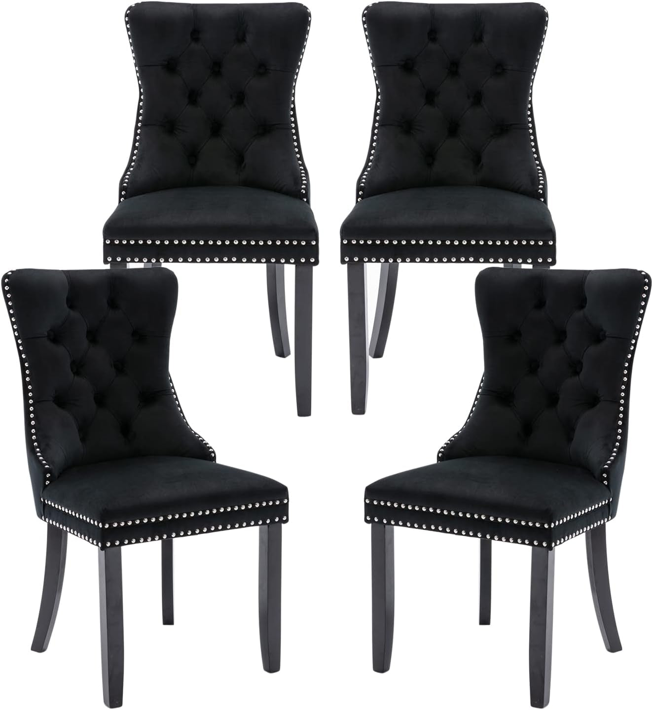 Velvet Dining Chairs Set of 4, Upholstered Dining Room Chairs with Ring Pull Trim and Button Back, Luxury Tufted Dining Chairs for Living Room, Bedroom, Kitchen (Black)-0