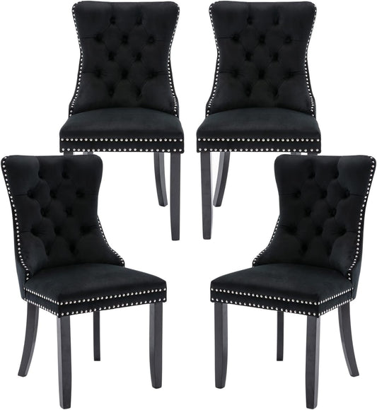 Velvet Dining Chairs Set of 4, Upholstered Dining Room Chairs with Ring Pull Trim and Button Back, Luxury Tufted Dining Chairs for Living Room, Bedroom, Kitchen (Black)-0