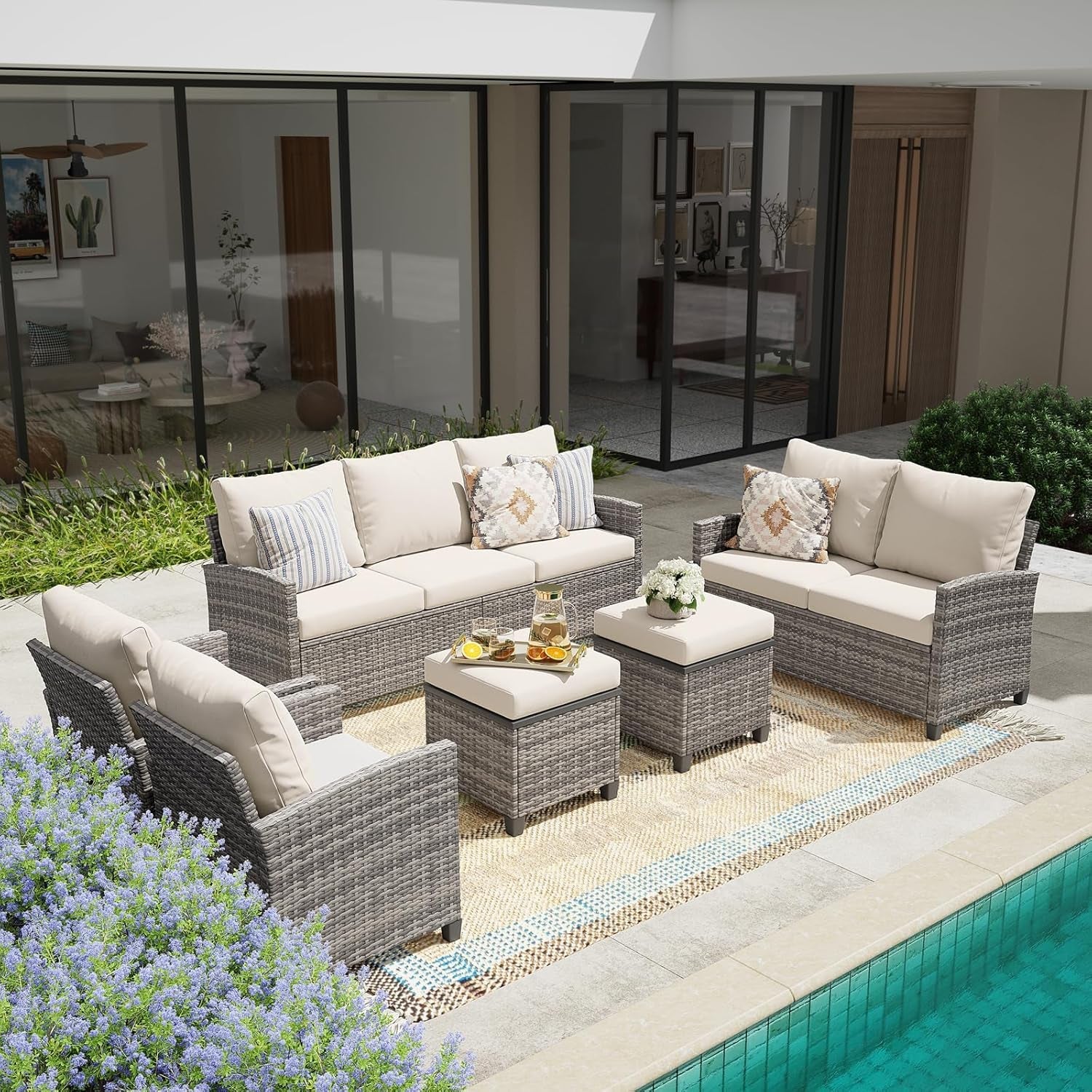 6 PCS Patio Furniture Set, Outdoor Wicker Conversation Sectional Sofa Couch Furniture Sets with Ottomans for Garden Balcony Backyard, Gray/Beige (Gray Rattan Beige Cushions, 6 Pieces Set)-0