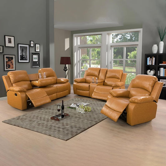 Leather Recliner Sofa Set，Leather Reclining Sofa Set for Living Room Furniture Sets，Ginger Recliner Couch Set for Living Room/Office/Theater Seating(Sofa Set 3 Pieces)-0