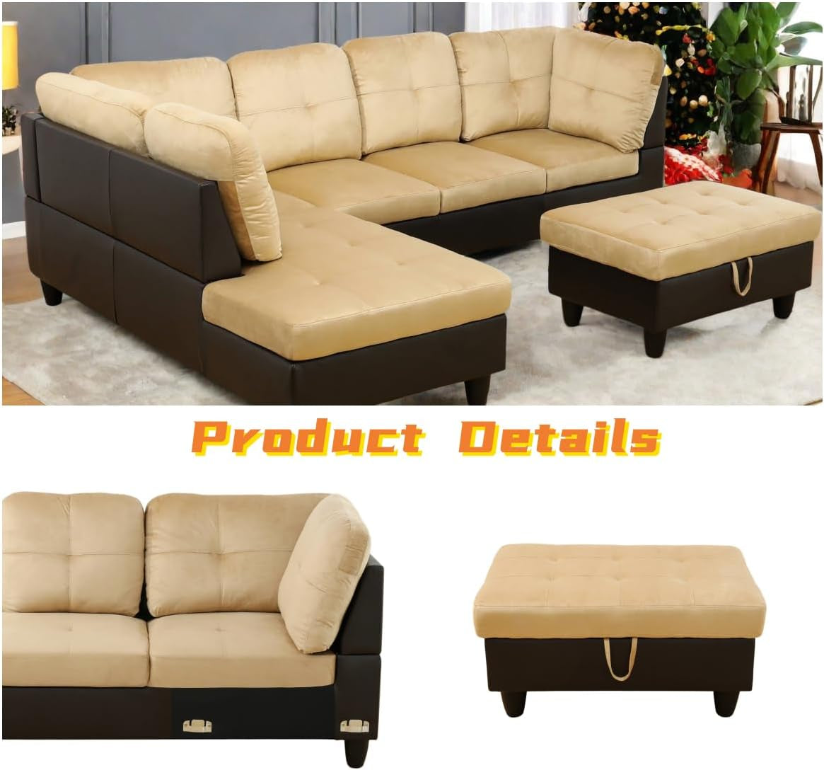 L Shaped Sectional Couch with Otttoman, 103" Sectional Sofa for Living Room Flannel Modular Couches with Cup Holders for Bedroom, Apartments, Beige &Brown-3