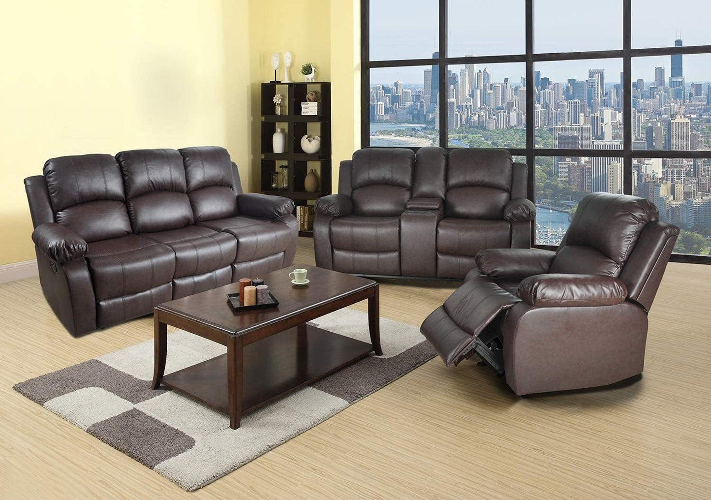 3 PCS Living Room Set, Faux Leather Recliner Sofa Set, Recliner Sofa Couch, Loveseat and Chair (Espresso)-0