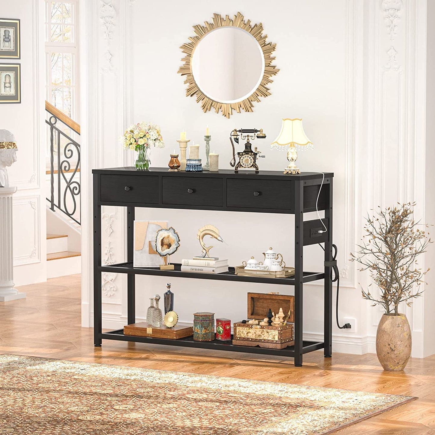 Black Console Table with Outlets and USB Ports-0