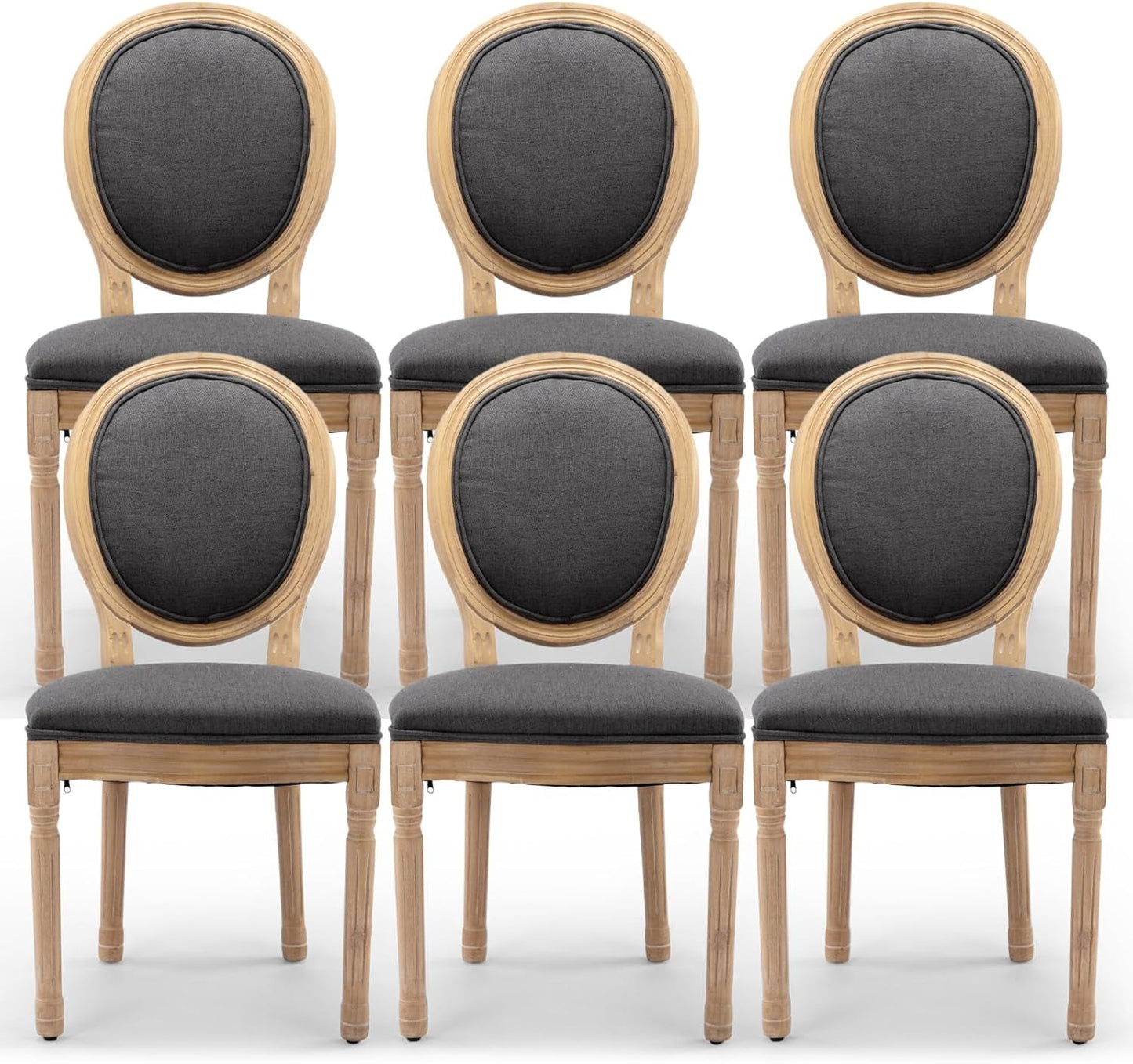 Upholstered Dining Chairs Set of 6 French Country Oval Fabric Back Kitchen Side Chair with Wood Legs for Dining Room, Kitchen, Restaurant(Dark Grey-Fabric)-0