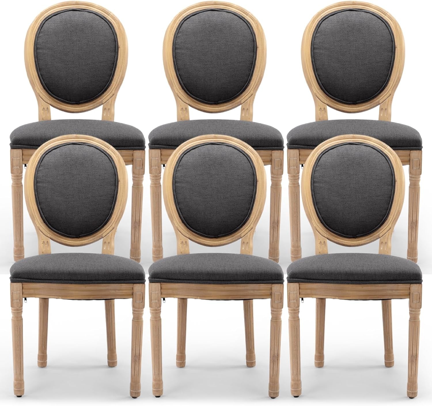 Upholstered Dining Chairs Set of 6 French Country Oval Fabric Back Kitchen Side Chair with Wood Legs for Dining Room, Kitchen, Restaurant(Dark Grey-Fabric)-0