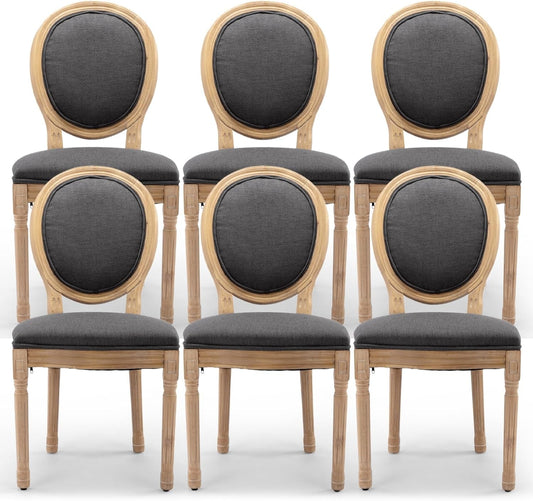 Upholstered Dining Chairs Set of 6 French Country Oval Fabric Back Kitchen Side Chair with Wood Legs for Dining Room, Kitchen, Restaurant(Dark Grey-Fabric)-0