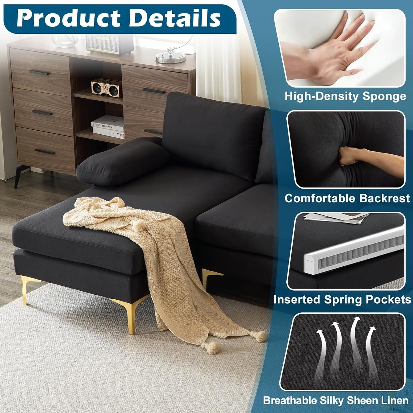 110" Modern U Shaped Sectional Couch with 51"D Double Chaise for Living Room, Black Deep Seat Sectional Sofa Sets with 5.9" Thickness Seating Padding for Home Furniture,Linen Fabric,Metal Legs-4