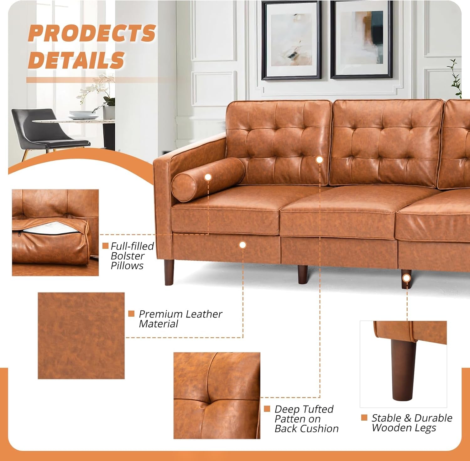 2 Pieces Faux Leather Couch Set, Upholstered 3 Seat & Loveseat Sofa with Bolster Pillows, Mid Century Modern Couch Set with Wooden Legs for Living Room, Bedroom, Office. Brown-3