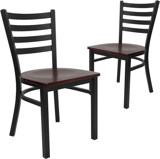 2 Pack HERCULES Series Black Ladder Back Metal Restaurant Chair - Mahogany Wood Seat-0