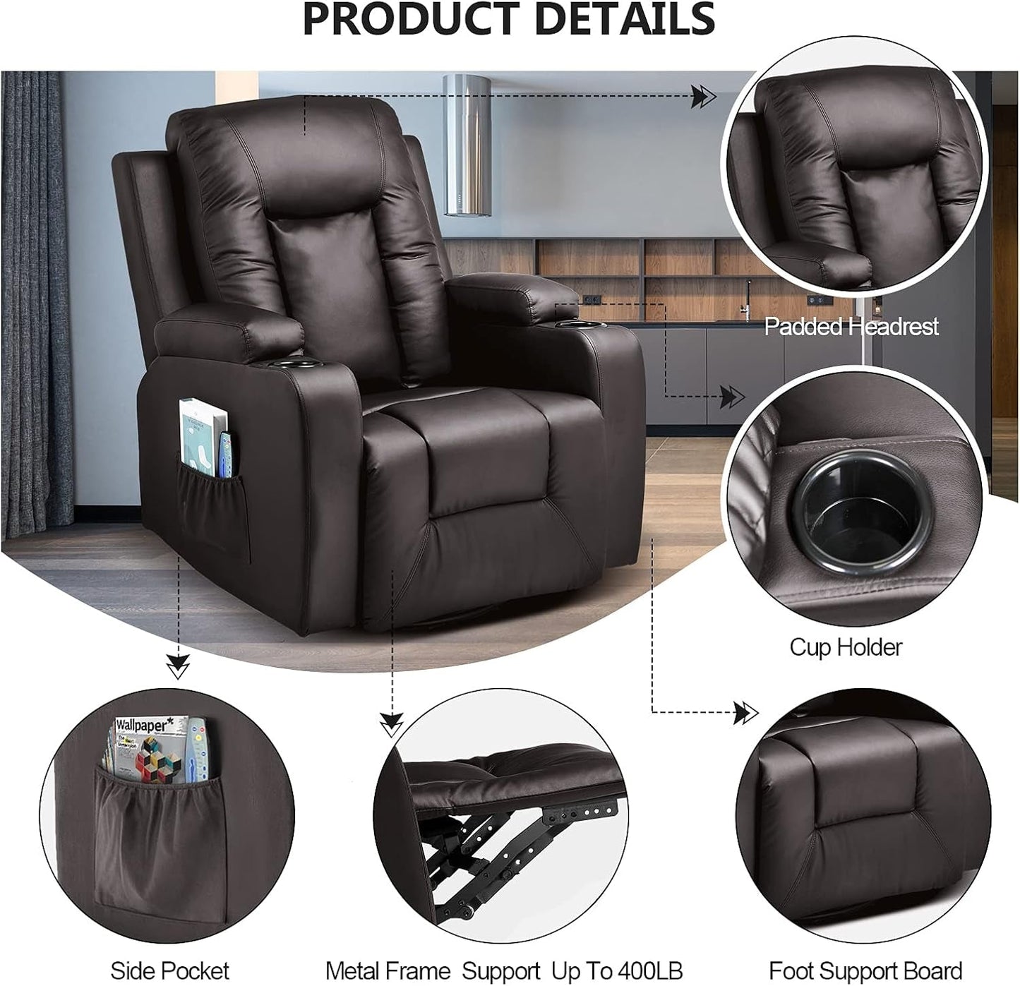 Recliner Chair, PU Rocking Chair for Adults, Swivel Recliner with Cup Holders, Heat and Massage, Single Sofa Seat with Side Pockets for Living Room, Bedroom (Brown)-2