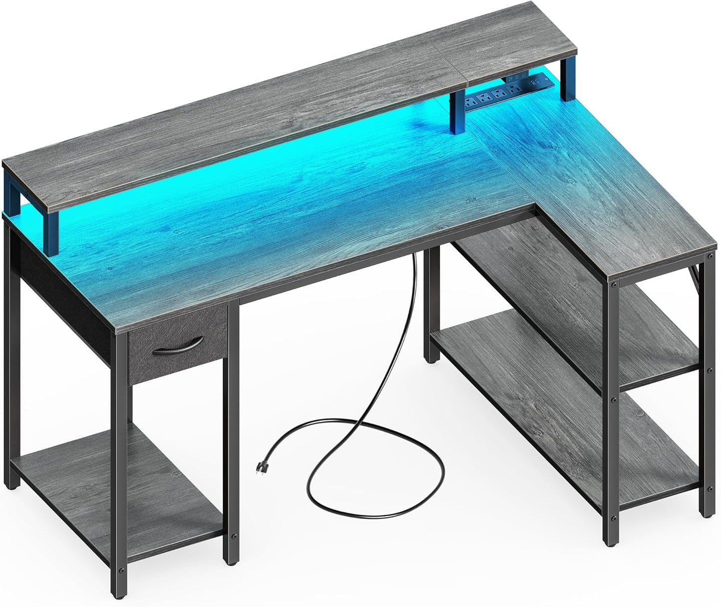 47 Inch Reversible L Shaped Desk with LED Lights & Power Outlets, Computer Desk with Shelves & Monitor Stand, Gaming Desk with Drawer, Home Office Desk Corner Desk, Grey-0