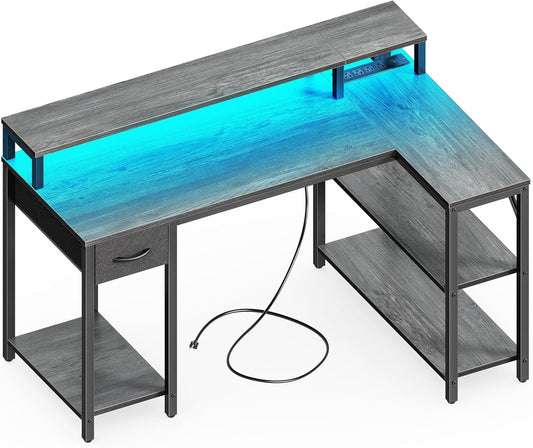 47 Inch Reversible L Shaped Desk with LED Lights & Power Outlets, Computer Desk with Shelves & Monitor Stand, Gaming Desk with Drawer, Home Office Desk Corner Desk, Grey-0