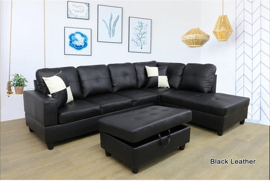 Sectional Sofa Faux Leather Modern L Shaped Couch Set 103.5”Wide Including Chaise and 3 Seating Sofa with Storage Ottoman for Living Room Furniture (Right Hand Facing, B-Black)-0