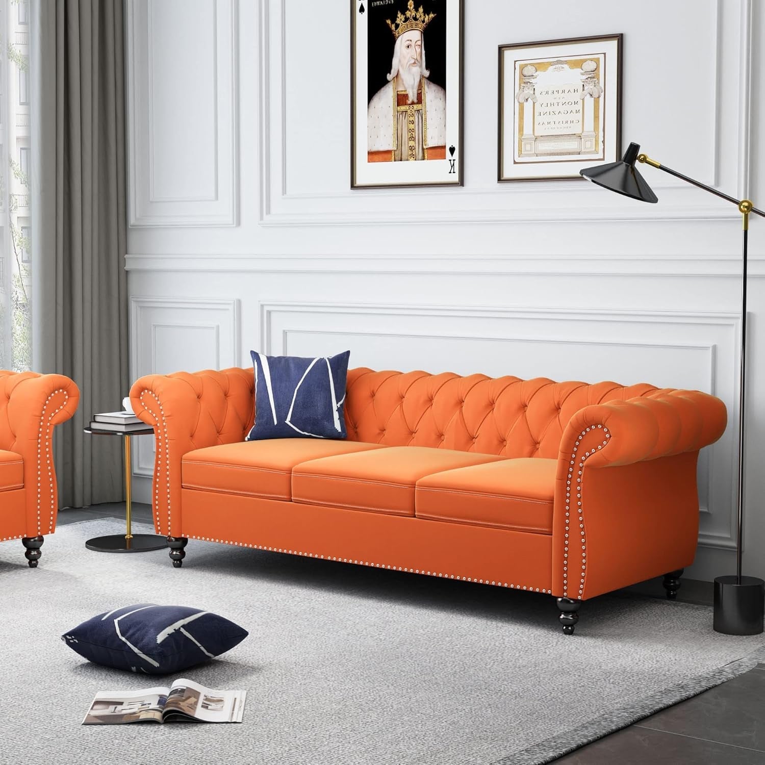 3-Piece Living Room Sectional Sofa Set, Upholstered Sofa Modern Sofa Couches Set Style Button Tufted, Velvet Chesterfield Sofa for Living Room Apartment, 1+2+3 Seat Orange-2