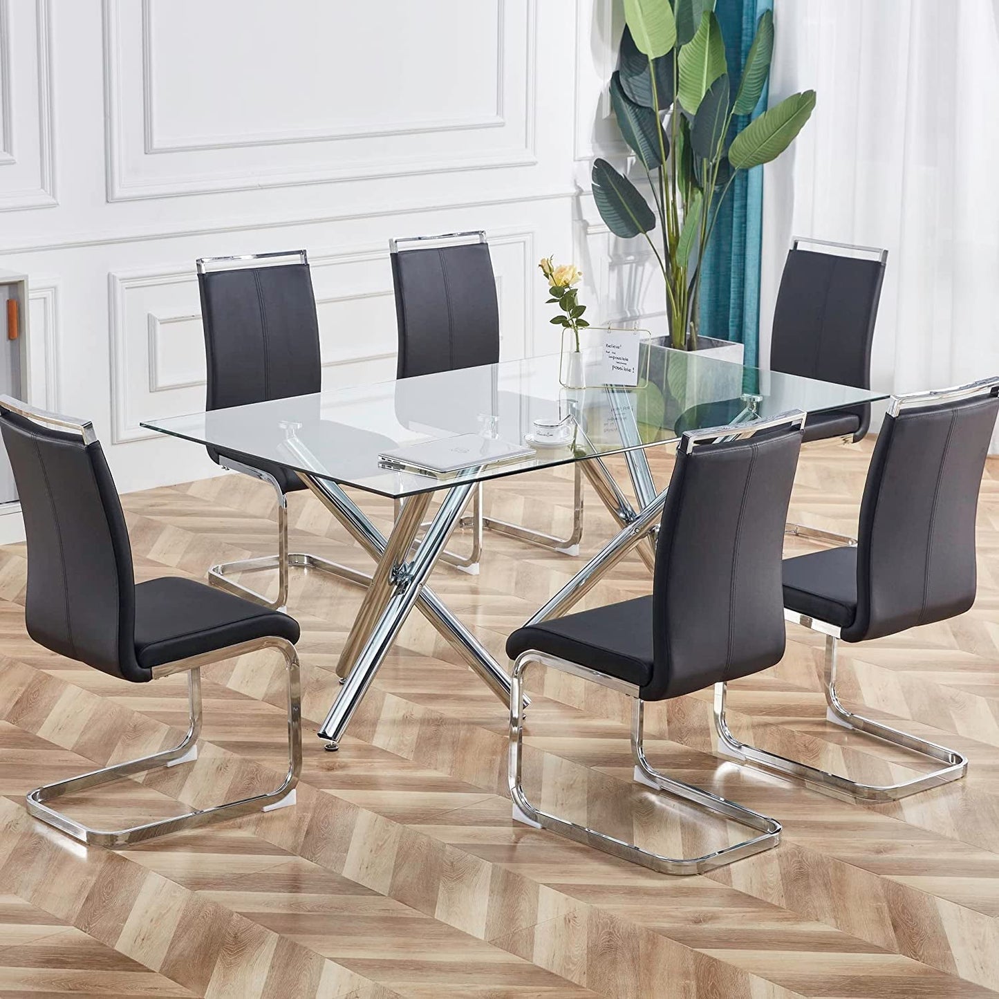 6-Piece Armless Dining Room Chairs with Metal Legs, Black-0