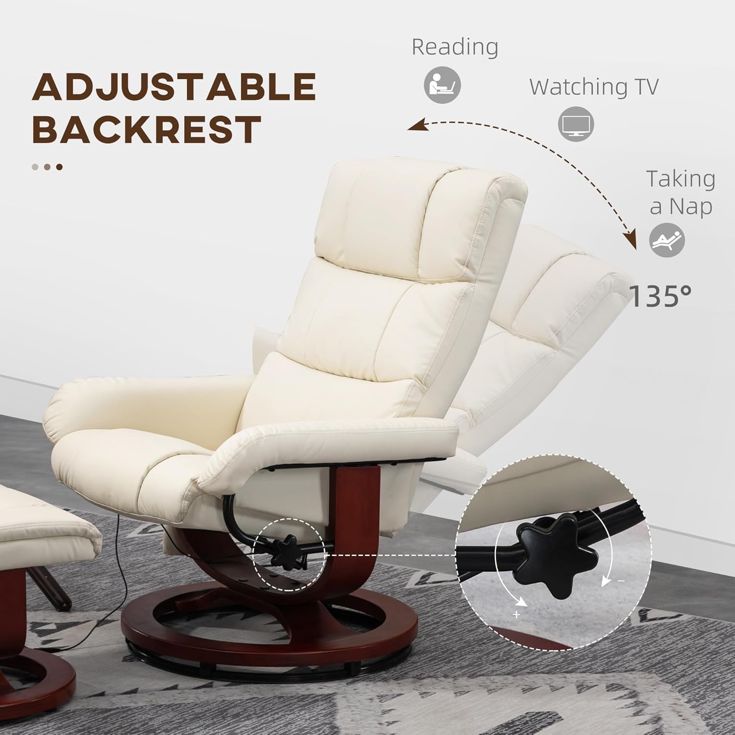 Massage Recliner Chair with Ottoman, Swivel Recliner and Footrest, Faux Leather Reclining Chair with Remote Control and Side Pocket, Cream White-4