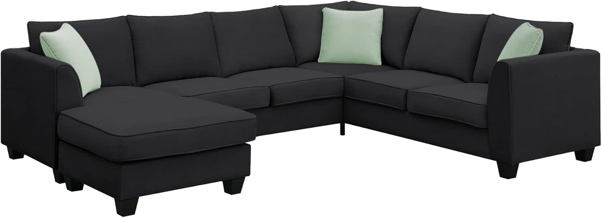 Large U Shaped Sectional Sofa with Removable Ottoman for Living Room, 7 Seats Modular Sofa with Wide Chaise Lounge & 3 Pillows, 112” Fabric Corner Couch Set for Large Space, Black-3
