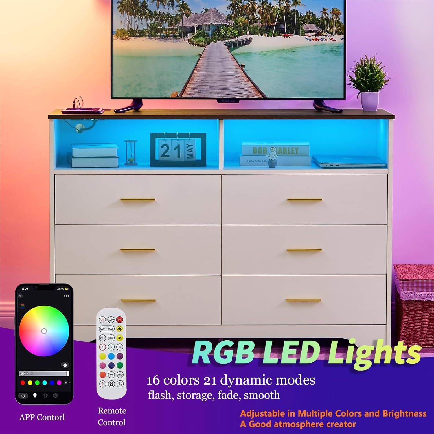 White Dresser for Bedroom Wooden, 6 Drawer Dressers & Chests of Drawers, Modern Wood Tall Dresser, 48 Inches Wide Chest of Drawers for Bedroom, Hallway, Living Room-3