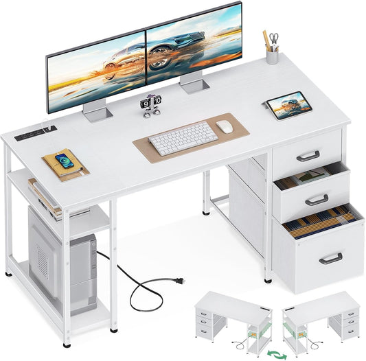 51 Inch Computer Desk with Fabric Drawers & USB Power Outlets- Reversible Home Office Desk with Storage Shelves, Work from Home, Modern Work/Writing/Study Table for Bedroom, White-0