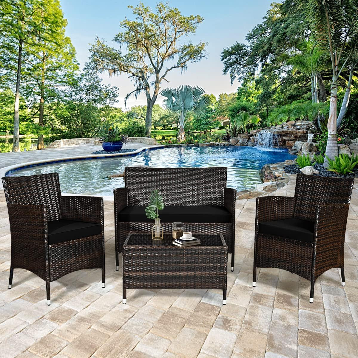 4-Piece Rattan Patio Set, Outdoor/Indoor Wicker Conversation Set for Pool, Backyard, Lawn, Wicker Chairs and Sofa with Soft Cushion, Rattan Furniture with Tempered Glass Coffee Table-0