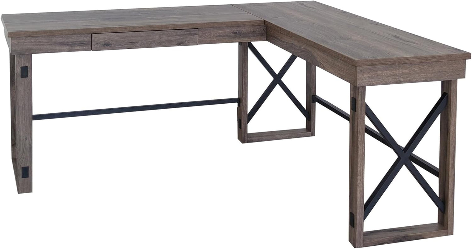 LYS L-Shaped Industrial Desk - Gray Oak Top - 29.50" Height X 67" Width X 52.13" Depth-0