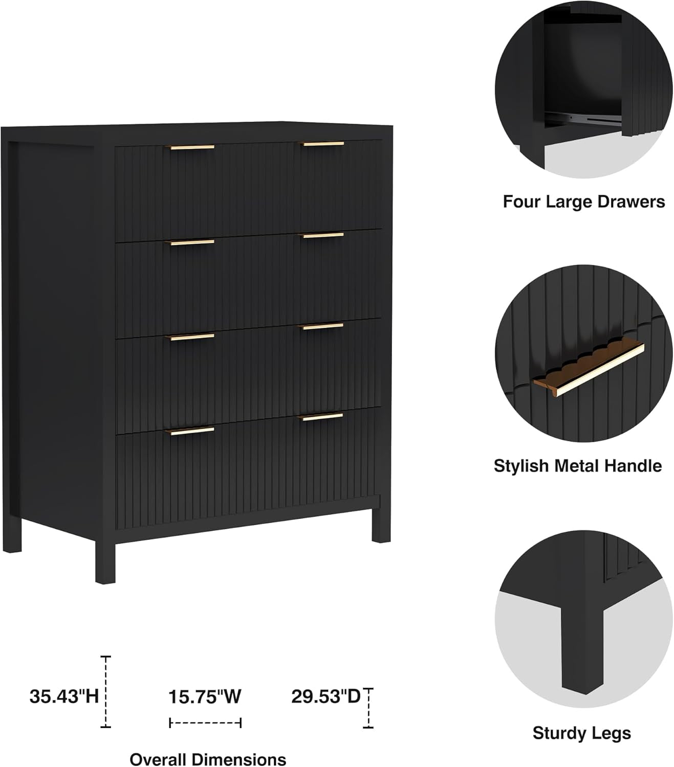 4 Drawer Dressers for Bedroom, Modern Closet Chest of Drawers with Waveform Fluted Panel, Large Wood Storage Dresser Organizer for Nursery Bedroom Living Room Hallway Closet, Black-2