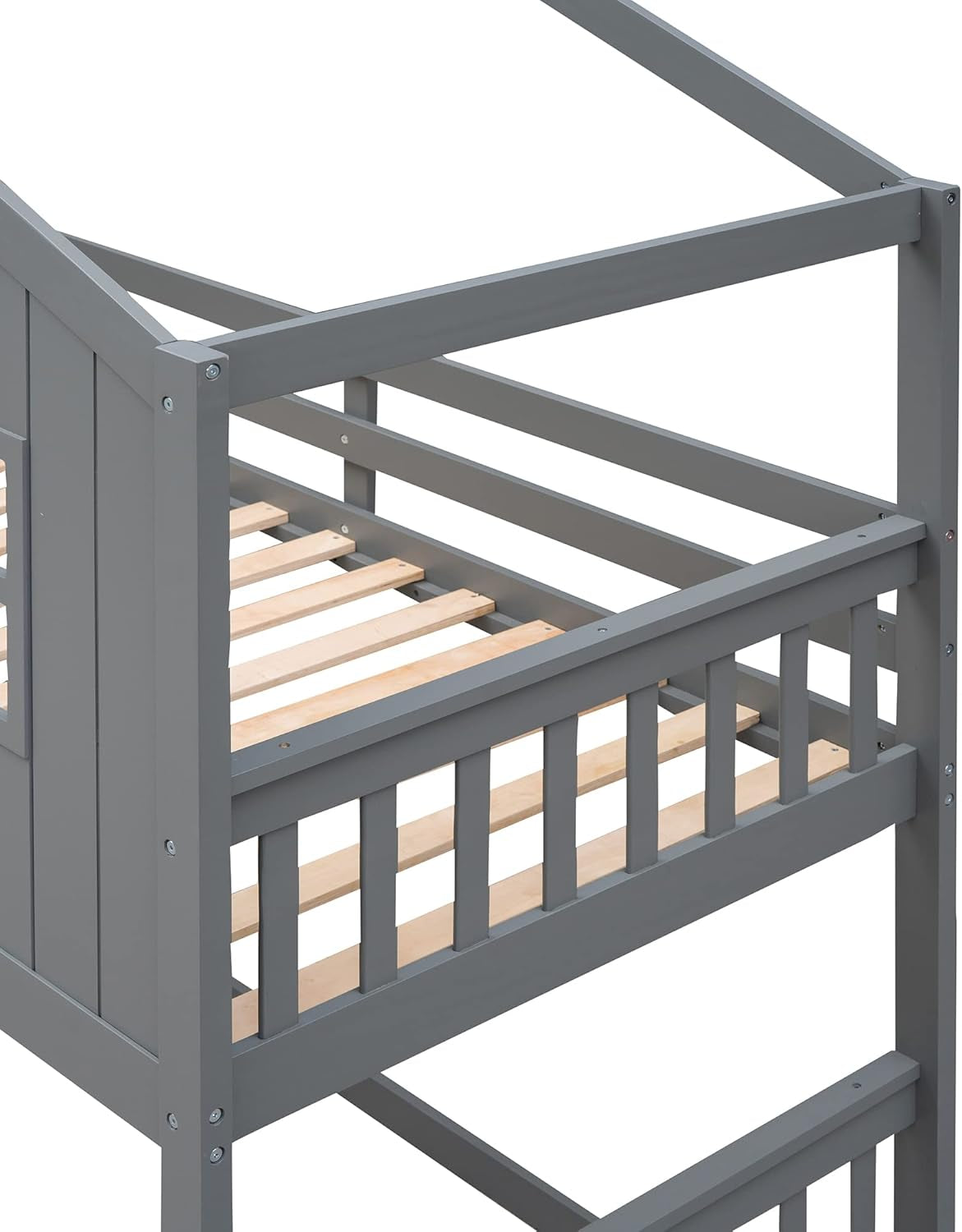House Bunk Beds, Twin over Twin Bunk Bed with Roof, Ladder and Windows, Floor Bunk Bed, Low Bunk Loft Bed for Kids Teens Boys & Girls, Gray-3