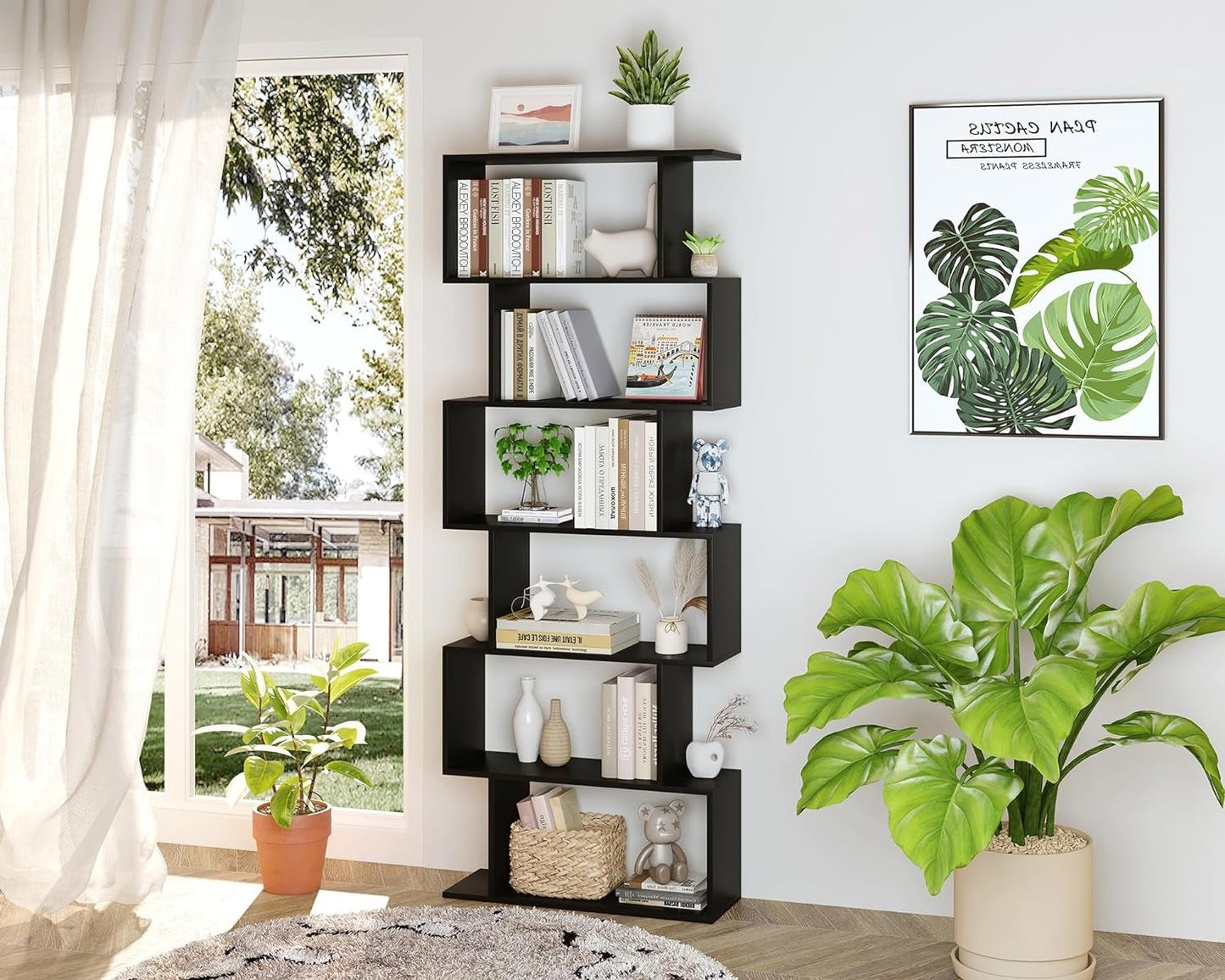 6-Tier Black S-Shaped Modern Geometric Bookshelf-1