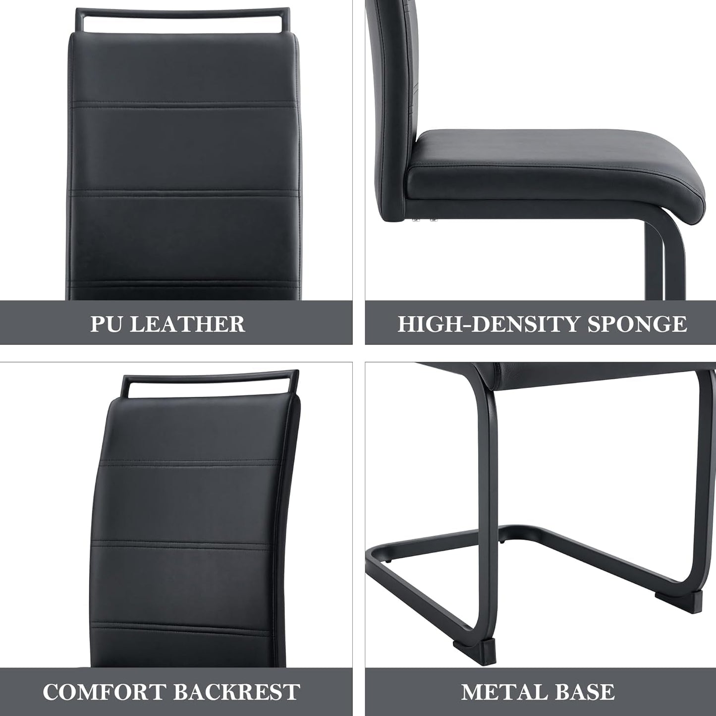 Modern Dining Chairs Set of 4, PU Faux Leather High Back Upholstered Dining Room Side Chair with Horizontal Stripe Backrest Design for Kitchen Living Room Dinner Chairs, Black with Black Legs-3