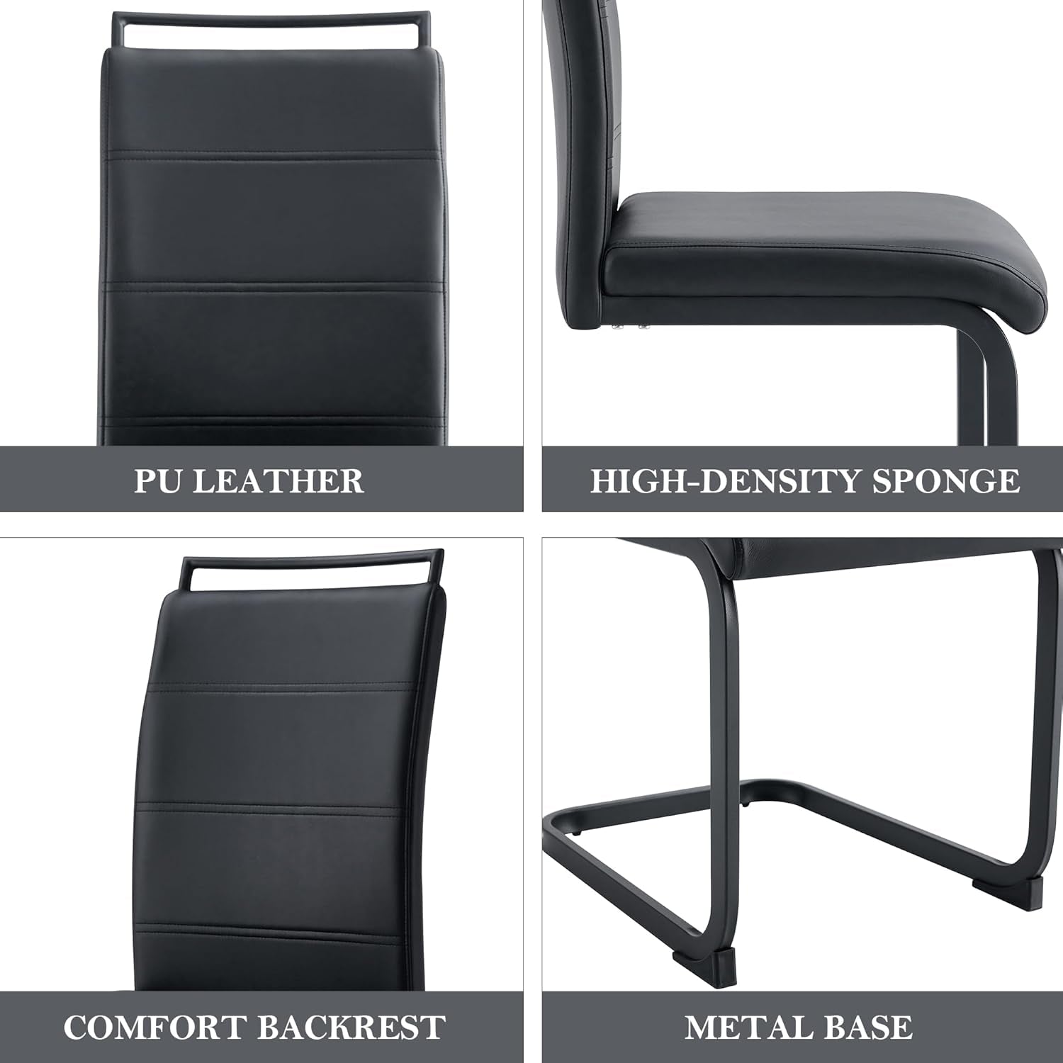 Modern Dining Chairs Set of 4, PU Faux Leather High Back Upholstered Dining Room Side Chair with Horizontal Stripe Backrest Design for Kitchen Living Room Dinner Chairs, Black with Black Legs-3