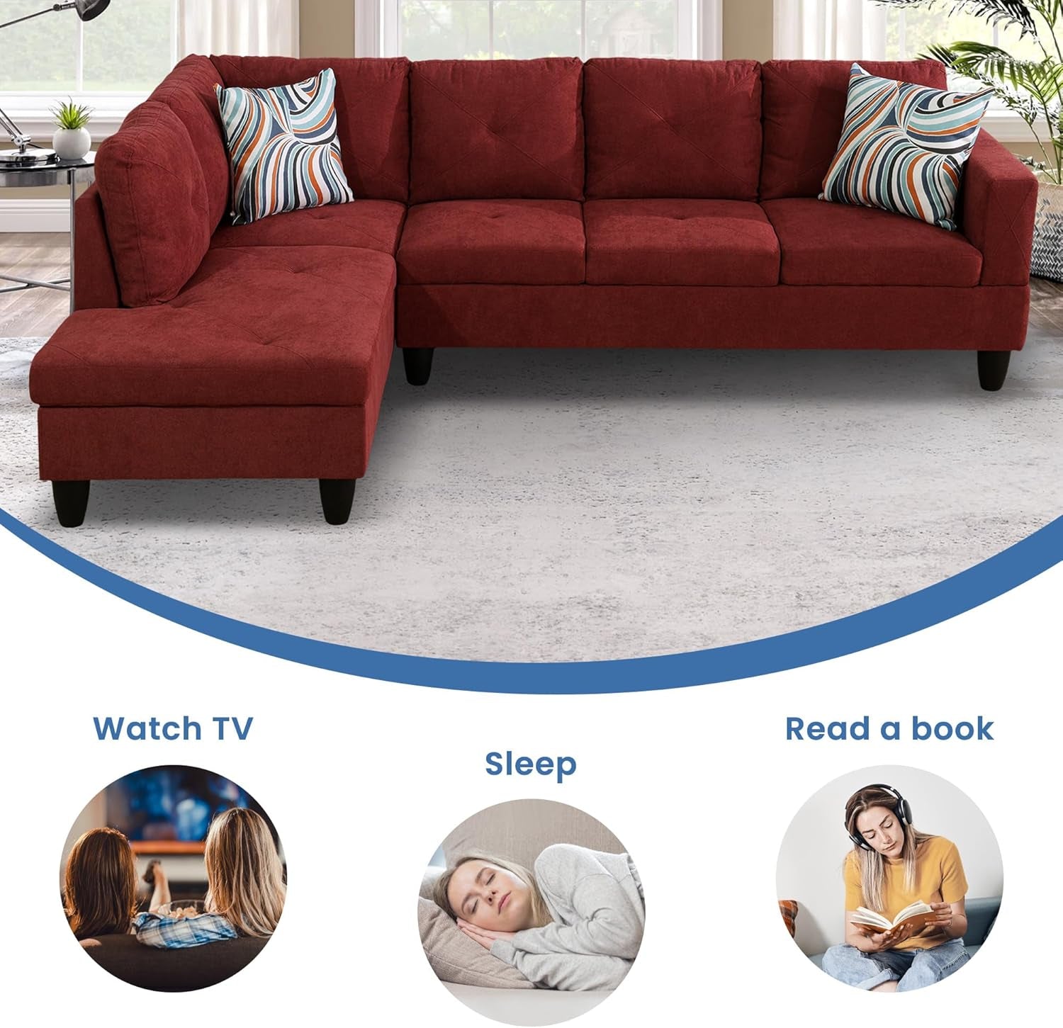 L-Shaped Sectional Sofa Set, Luxurious Flannelette 5-Seat Couches, Durable and Comfortable, Space-Saving Design Perfect for Modern Living Room, Apartment, Red-2