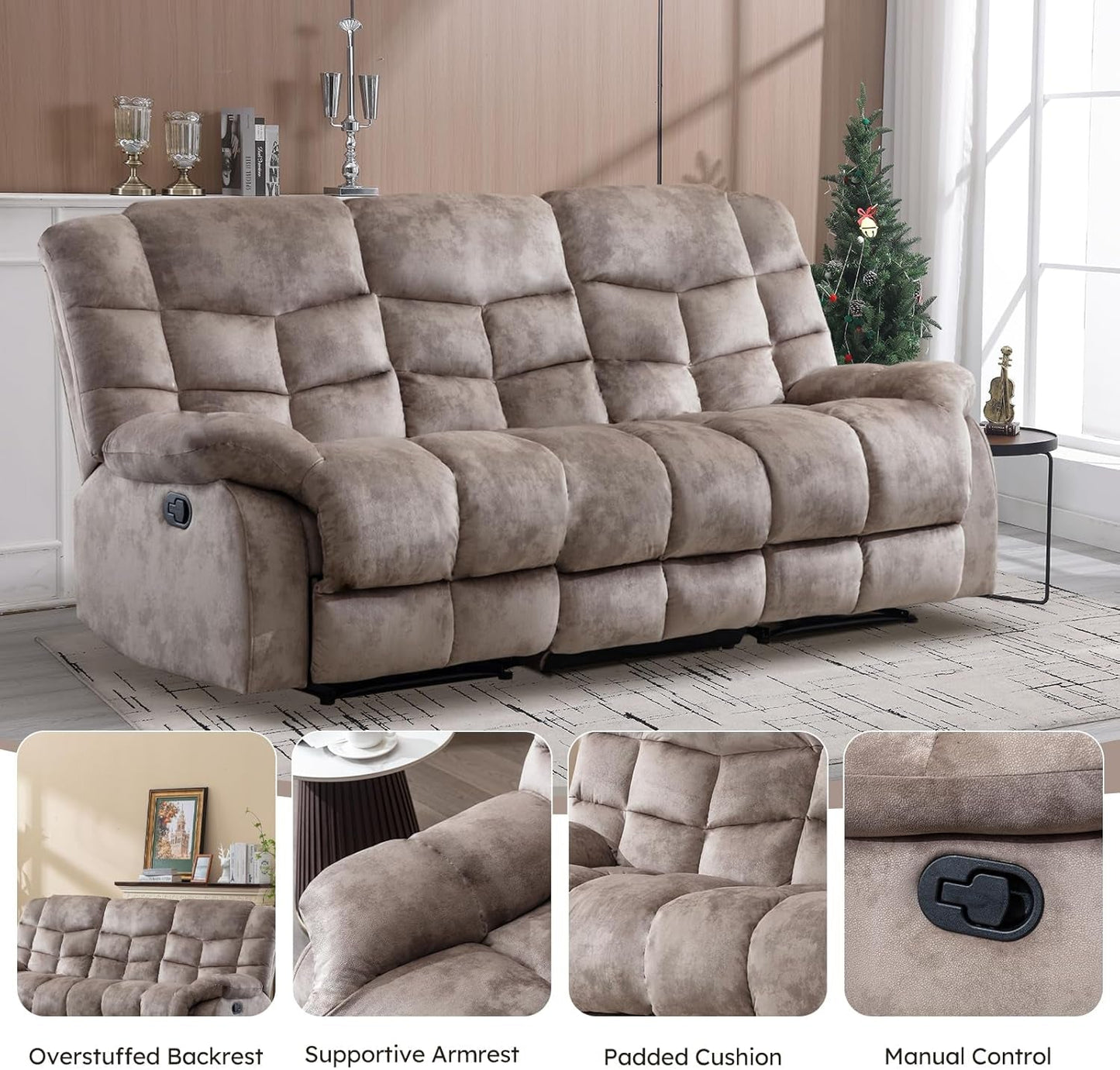 Reclining Living Room Set, One Seat Manual Recliner, Loveseat Recliner Sofa and 3PC Bonded Manual Recliner Set, Light Brown(Recliner+Loveseat+Sofa)-2