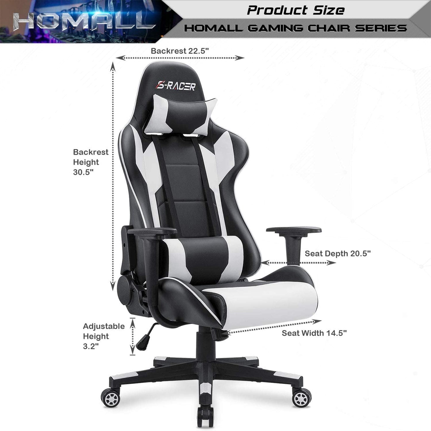 Gaming Chair, Office Chair High Back Computer Chair Leather Desk Chair Racing Executive Ergonomic Adjustable Swivel Task Chair with Headrest and Lumbar Support (White)-2