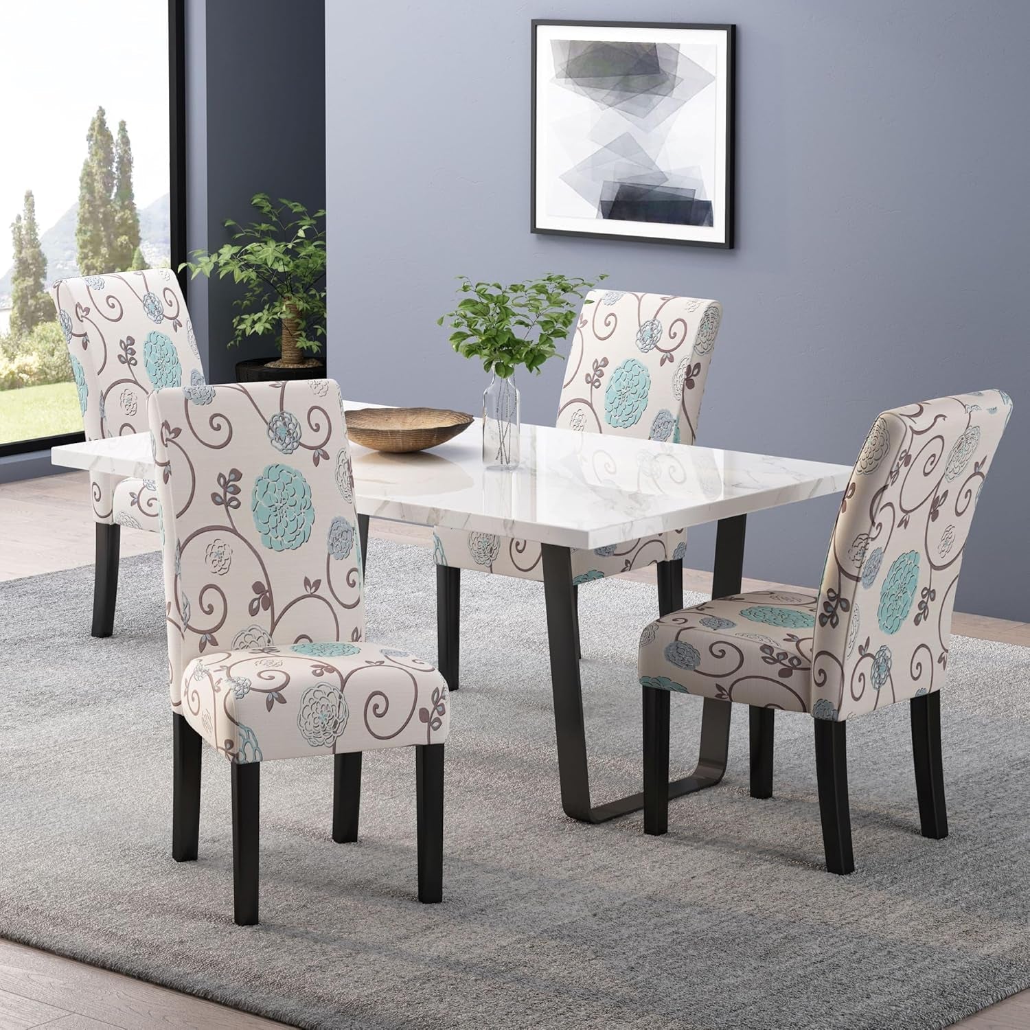 Evangeline Contemporary Fabric Dining Chairs (Set of 4), 17.5D X 26.75W X 39H Inch, Light Beige with Blue Floral, Espresso-1