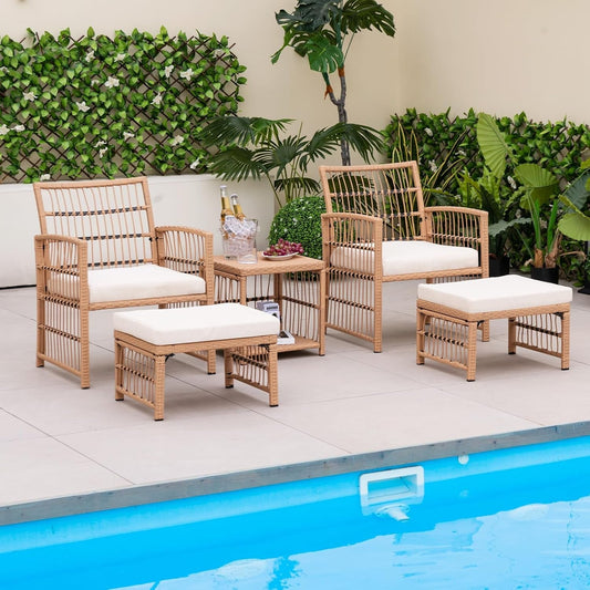 5 Piece Patio Wicker Sofa Set, Outdoor Rattan Conversation Set with Seat Cushions, 2-Tier Coffee Table & 2 Ottomans, Wicker Sofa Set for Backyard, Poolside (Natural)-1