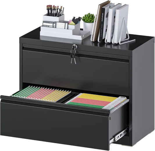2 Drawer Lateral File Cabinet,Metal Filing Cabinet with Lock, Cabinet for Home Office School Hanging Files Letter/Legal/F4/A4 Size, Assembly Required, Black-0