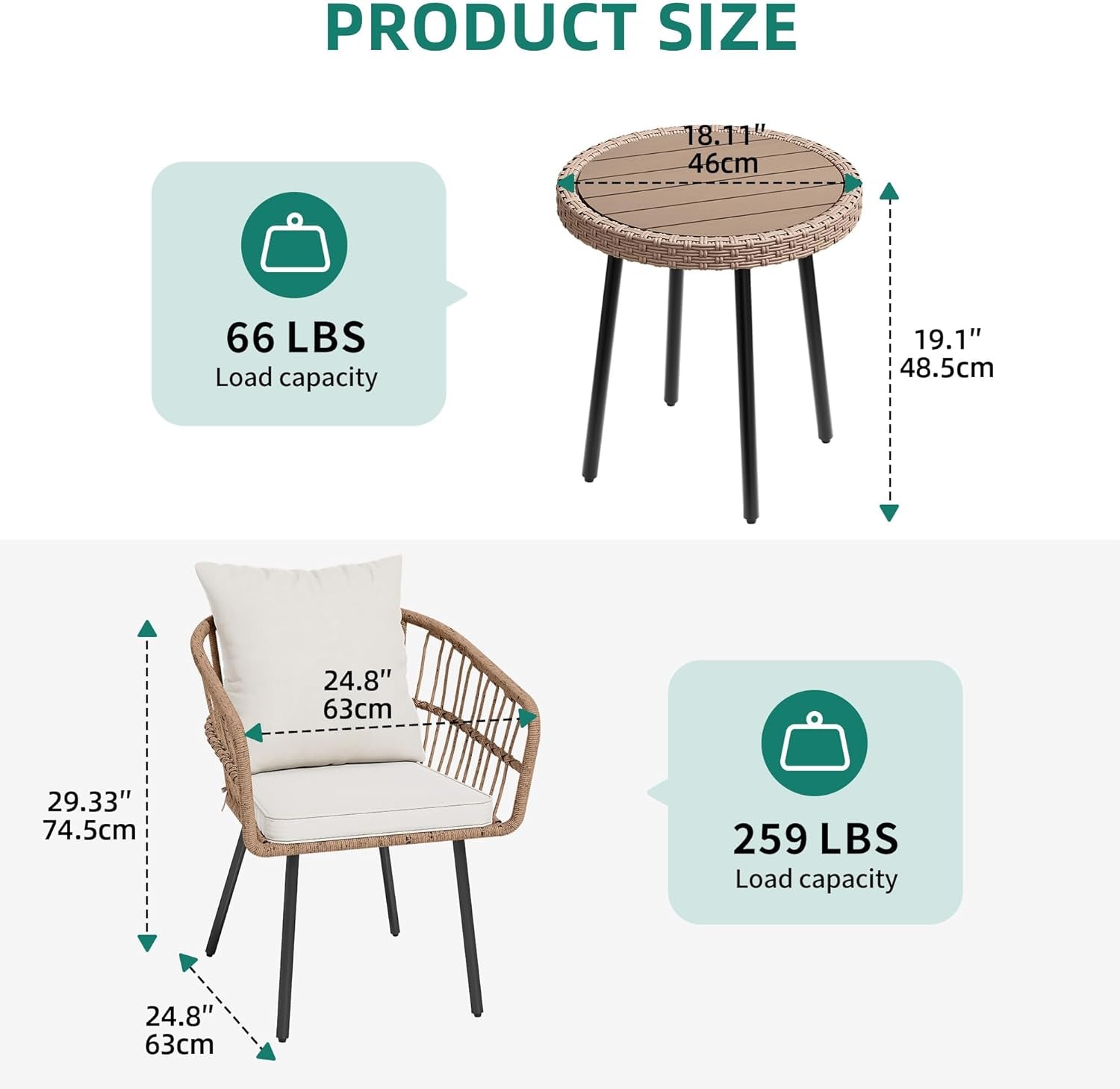 3 Pieces Outdoor Wicker Patio Conversation Bistro Set, All-Weather Rattan Patio Furniture Set with Table & Cushions, Outdoor Sectional Sofa for Patio, Balcony, Backyard, Deck-1