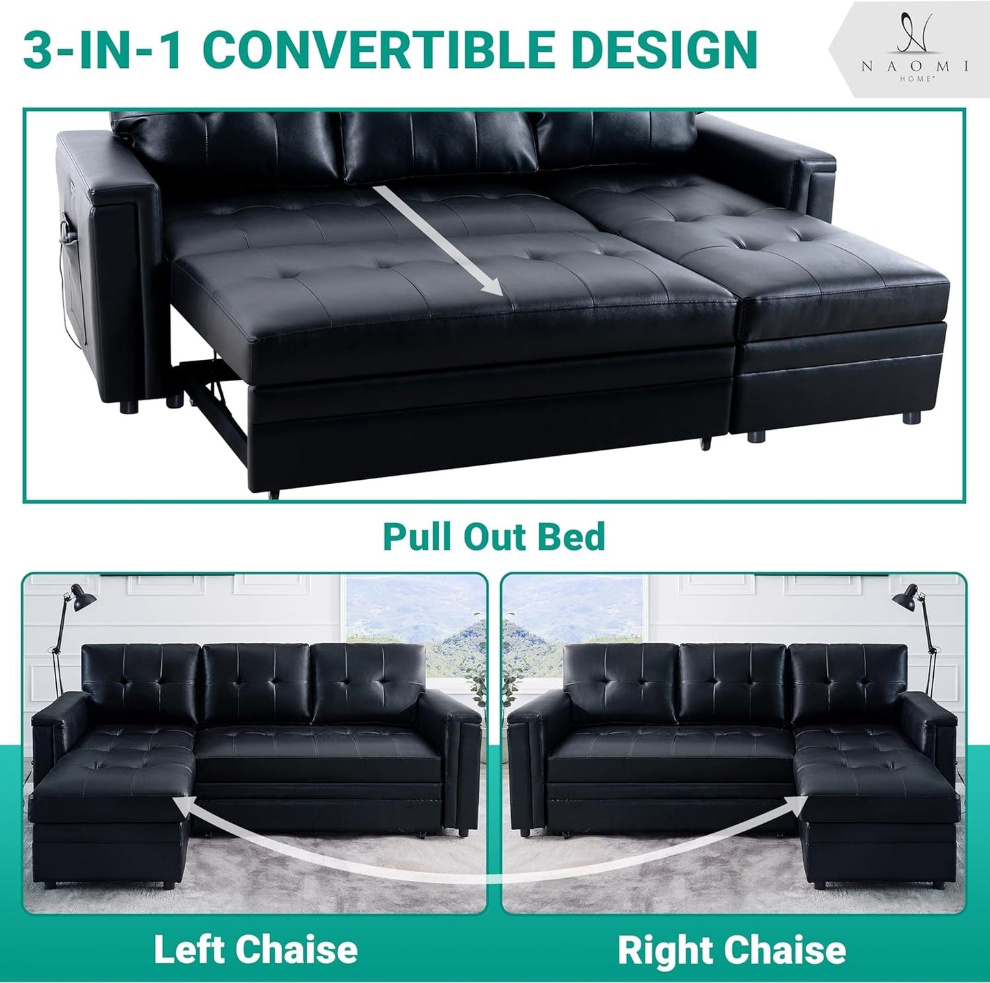 L-Shaped Sectional Sleeper Sofa with USB Ports - Convertible Pull-Out Bed, Ample Storage, Timeless Design, Durable Construction, Black/Air Leather-4