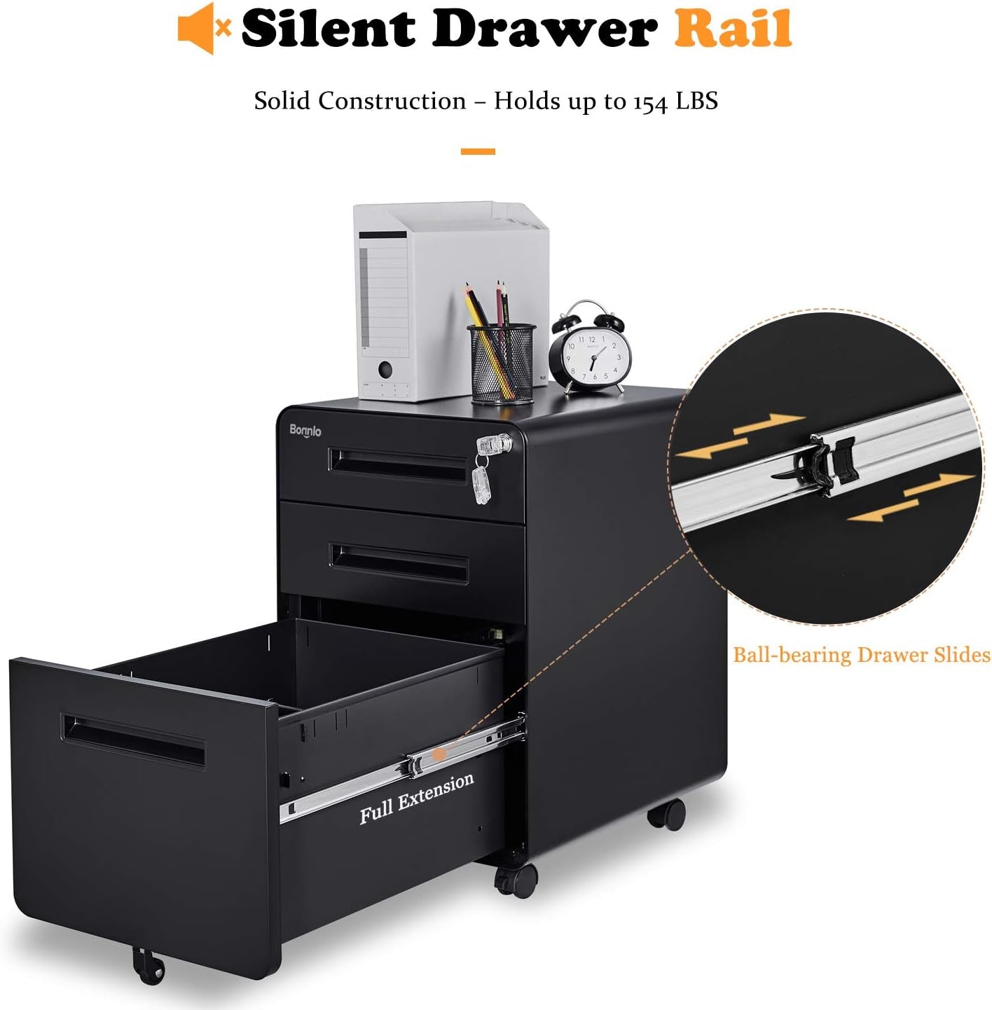 23.8" H 3 Drawer Rolling File Cabinet with Lock, Mobile File Cabinet under Desk with Pencil Tray, Black Locking File Cabinet for Home Office, Metal Filing Cabinet Printer Stand Fully Assembled-3