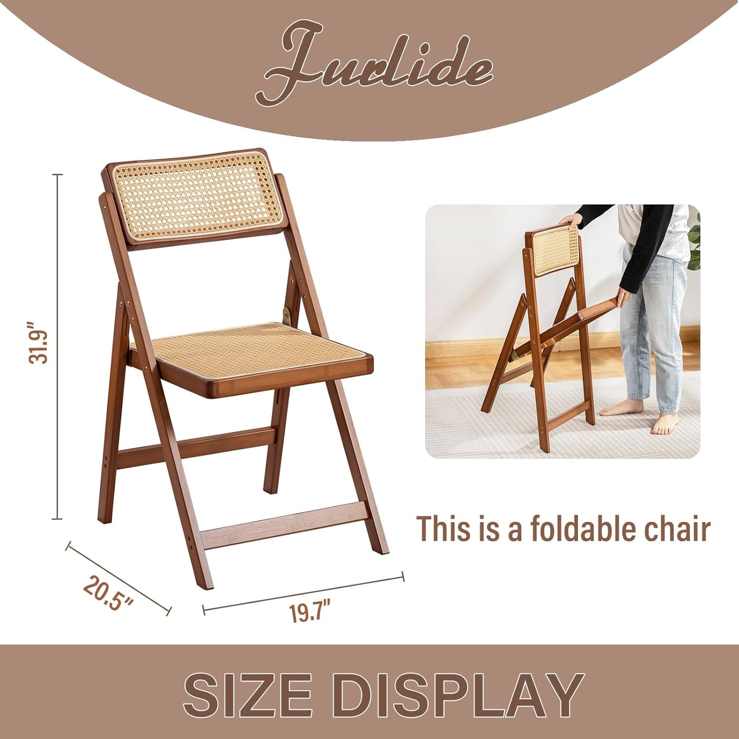 Rattan Folding Chairs, Modern Mid Century Dining Chairs Set of 2, Outdoor Bamboo Chairs for Bedroom Living Room Reading Room Dining Kitchen, Walnut-2