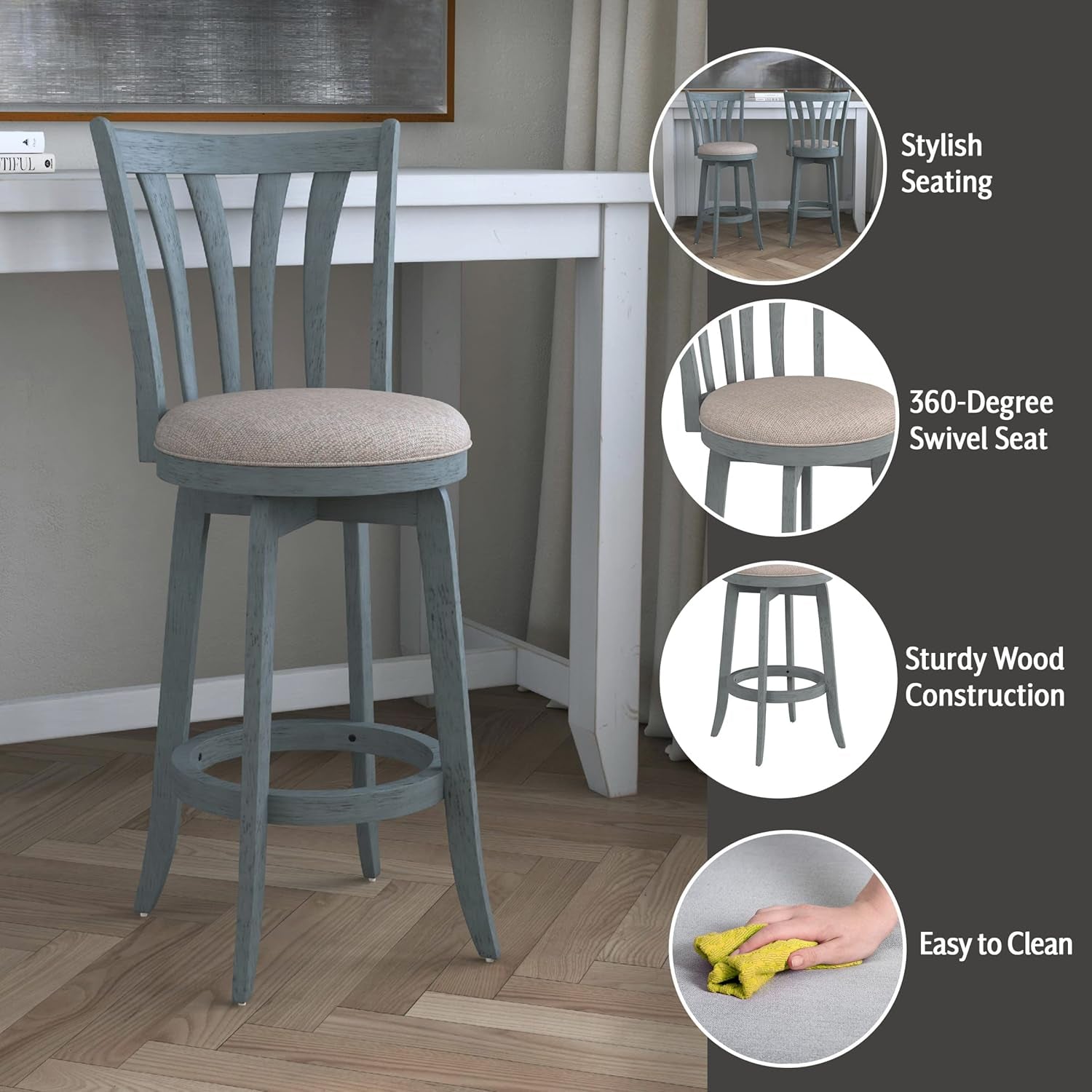 Furniture Savana Wood Bar Height Stool, 30" High, Blue Wire Brush-3