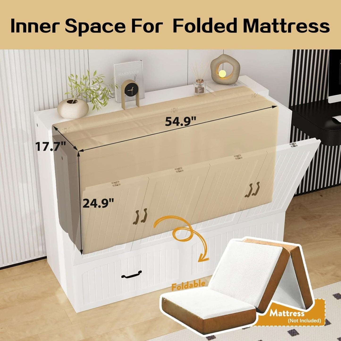 White Twin Murphy Bed Chest Charging Drawer-2