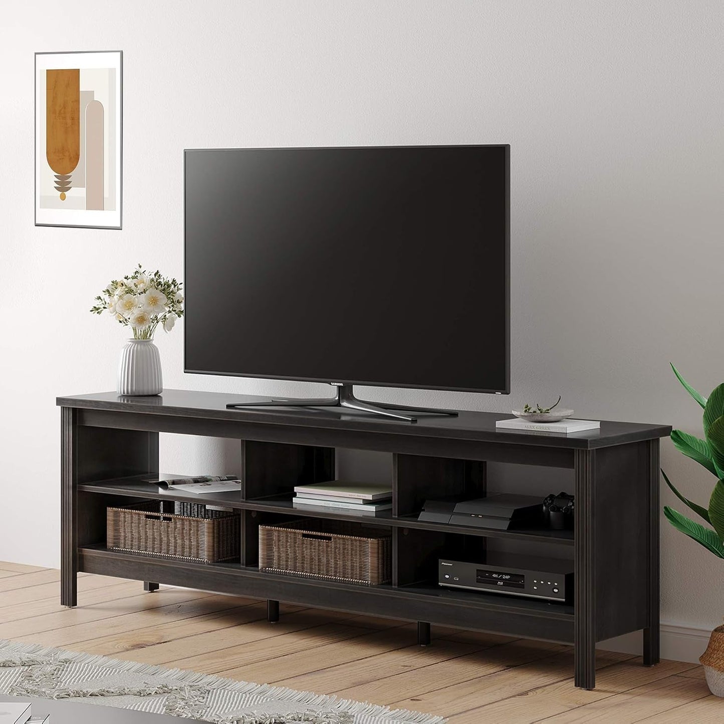 Farmhouse TV Stand for Tvs up to 75 Inches, Black Entertainment Center for 80 Inch TV Console Table with 6 Cubby Storage for Living Room Bedroom, 70''-1