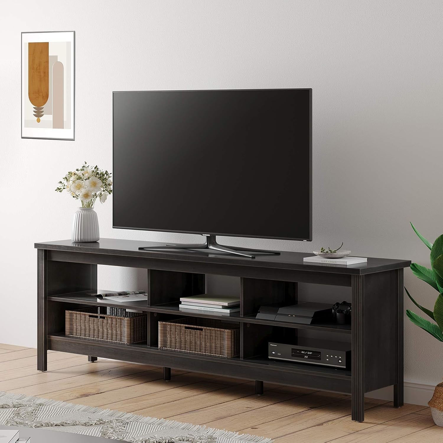 Farmhouse TV Stand for Tvs up to 75 Inches, Black Entertainment Center for 80 Inch TV Console Table with 6 Cubby Storage for Living Room Bedroom, 70''-1