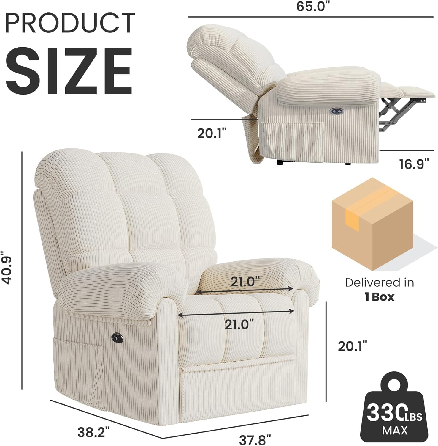 Upgraded 2024 New Power Recliner Chair for Adults, Adjustable Electric Chair Power Reclining Sofa, USB Port, Ultra-Comfy Corduroy Recliner for Living Room, Tool-Less Assembly Single Sofa White-1